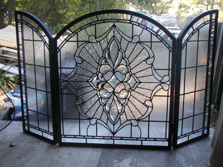 Custom leaded glass and bevels fireplace screen